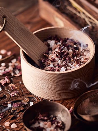 Ayurveda Bath salts in wooden bowl LR